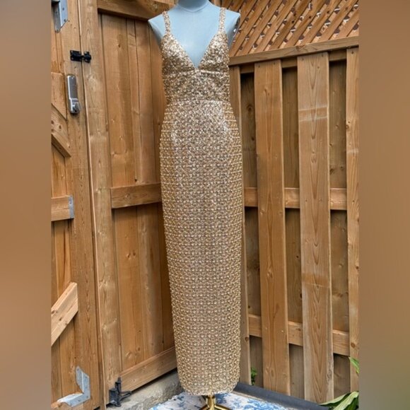 🆕 BRONX & BANCO 🧿 NWOT Allegra Gold Sequin & Beaded Maxi Dress, Sz M US 6 - Picture 3 of 16